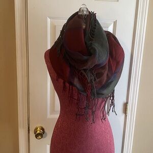 Women's Soft Polyester Knit Infinity Scarf Blue Green Red Plaid with Fringe